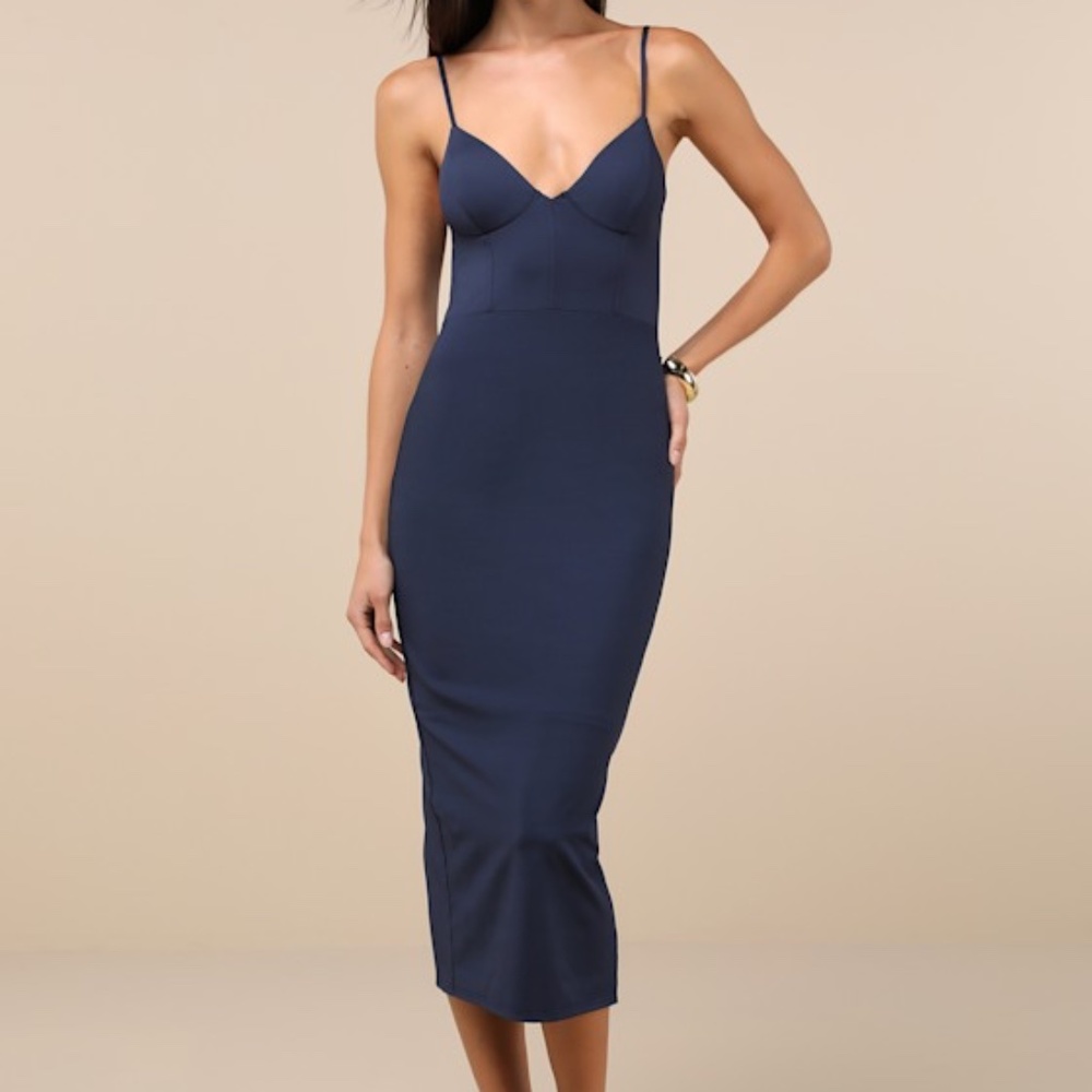 Lulus Sophisticated Soiree Navy Blue Bustier Midi Bodycon Dress - Size M
